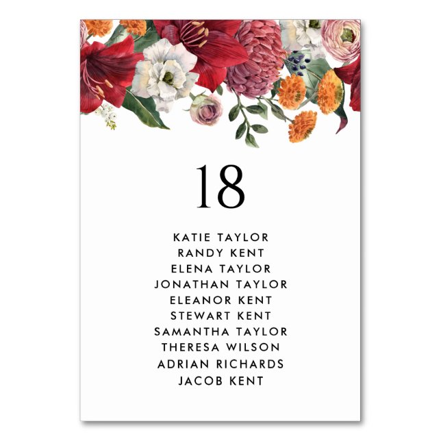 Botanical Amaryllis and Mums Wedding Table Seating Table Number (Front)