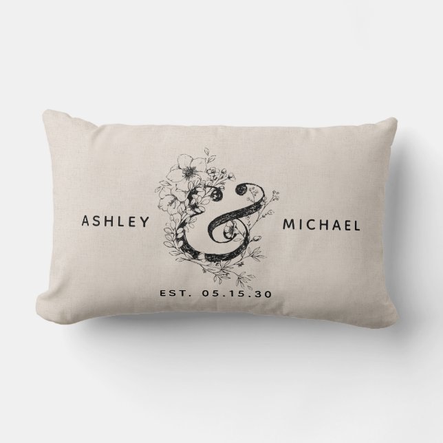 Botanical Ampersand  Newlywed Name Date Linen Lumbar Cushion (Front)