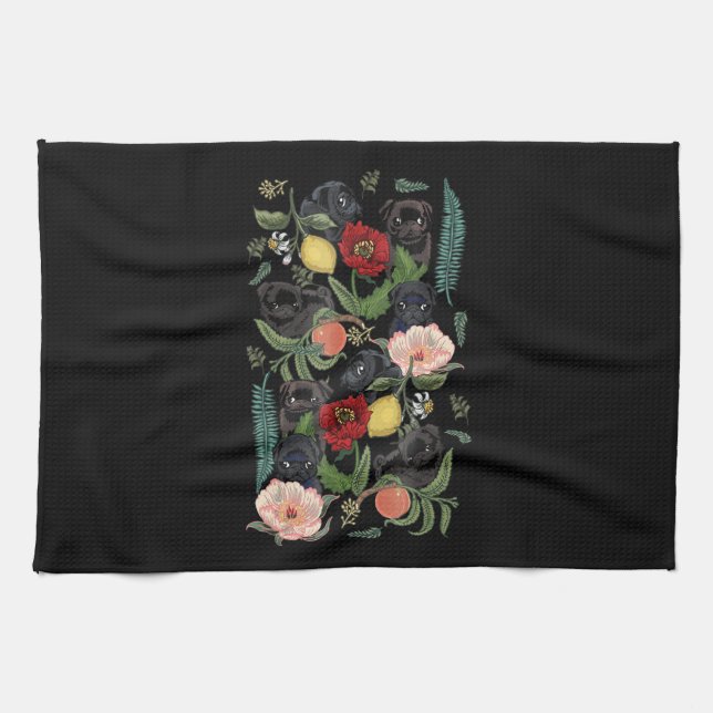botanical and black pug t-  by huebucket tea towel (Horizontal)