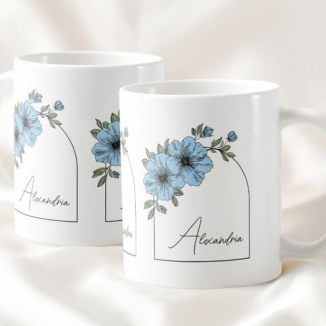 Botanical Arch Black Script Elegant Blue Floral Coffee Mug (Botanical Arch Black Script Elegant Blue Floral Coffee Mug)