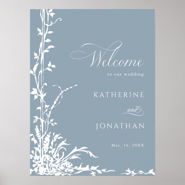 Botanical Arch Garden Dusty Blue Wedding Welcome Poster (Front)