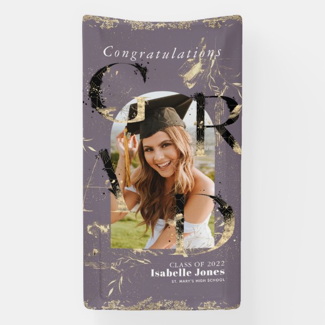 Botanical Art Deco Purple Arch Photo Graduation Banner (Vertical)
