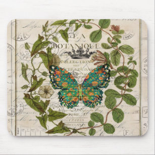 botanical art french country script leaf butterfly mouse pad