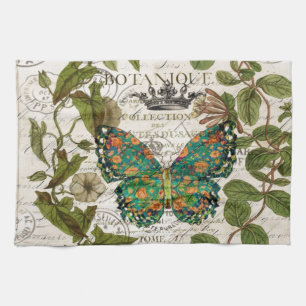 botanical art french country script leaf butterfly tea towel