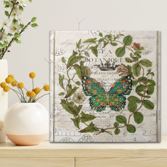 botanical art french country script leaf butterfly tile (botanical art french country script leaf butterfly tile)