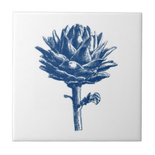 Botanical Artichoke Print, Indigo Blue and White Ceramic Tile