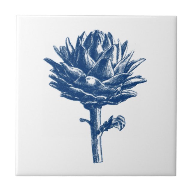 Botanical Artichoke Print, Indigo Blue and White Ceramic Tile (Front)