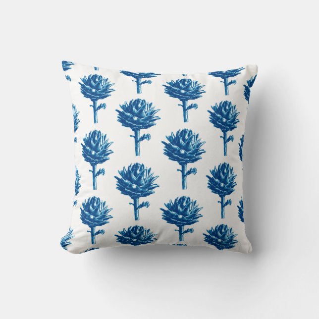 Botanical Artichoke Print, Indigo Blue and White Cushion (Front)