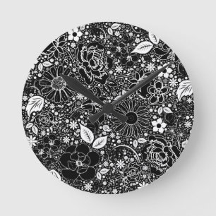 Botanical Beauties Black and White Round Clock