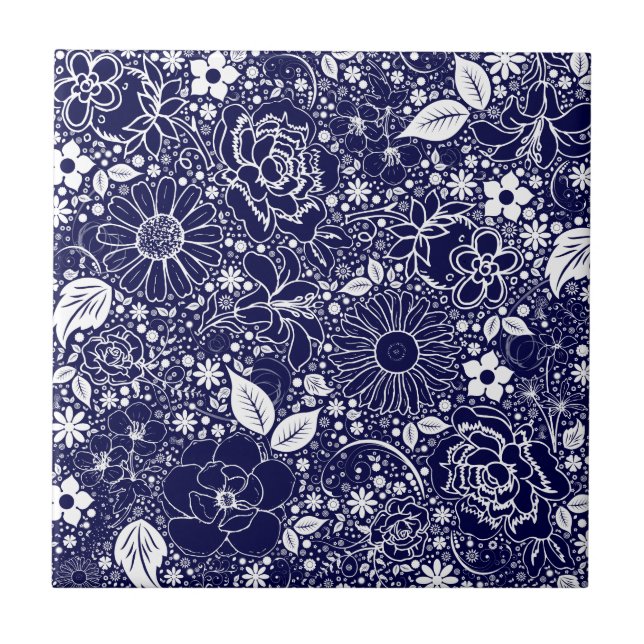 Botanical Beauties Blue Ceramic Tile (Front)