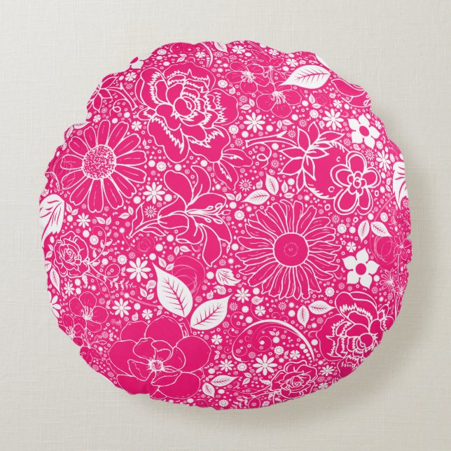 Botanical Beauties Bright Pink Round Throw Pillow (Front)