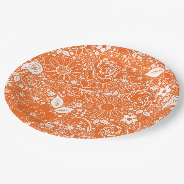 Botanical Beauties Orange-White PAPER PARTY PLATES (Angled)