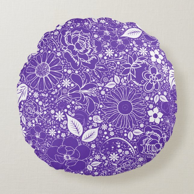 Botanical Beauties Purple Round Throw Pillow (Front)