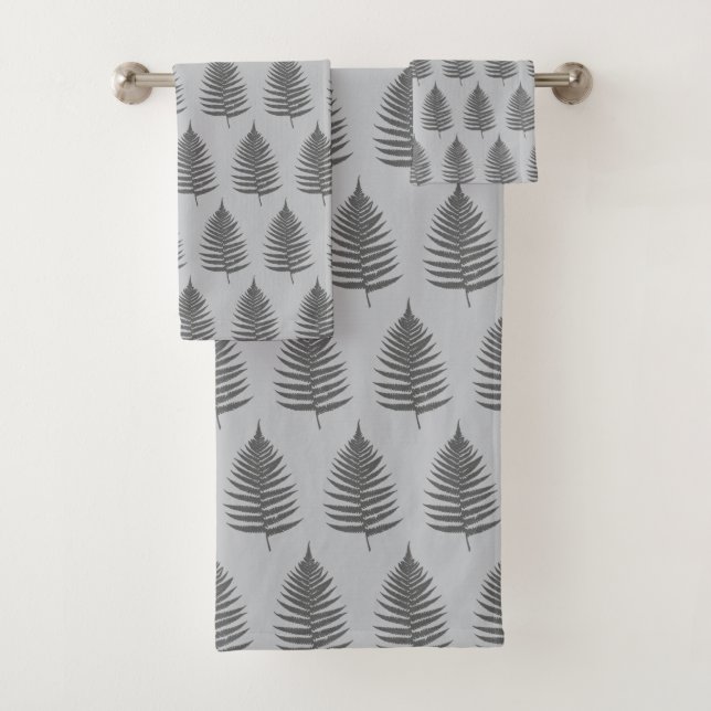 Botanical Beautiful Fern Leaves on Light Grey Bath Towel Set (Insitu)