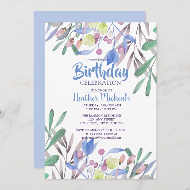 Botanical Beauty Blue Watercolor Womans Birthday Invitation (Front/Back)