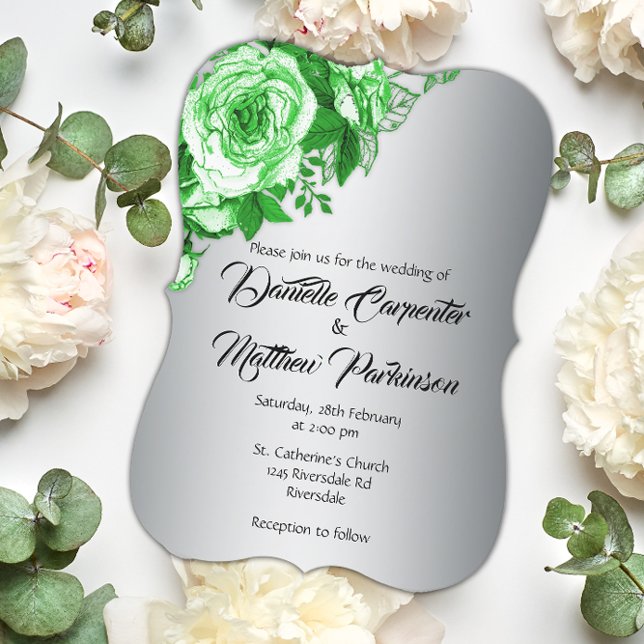 Botanical Beauty: Green Roses, Silver Wedding Invitation (Creator Uploaded)