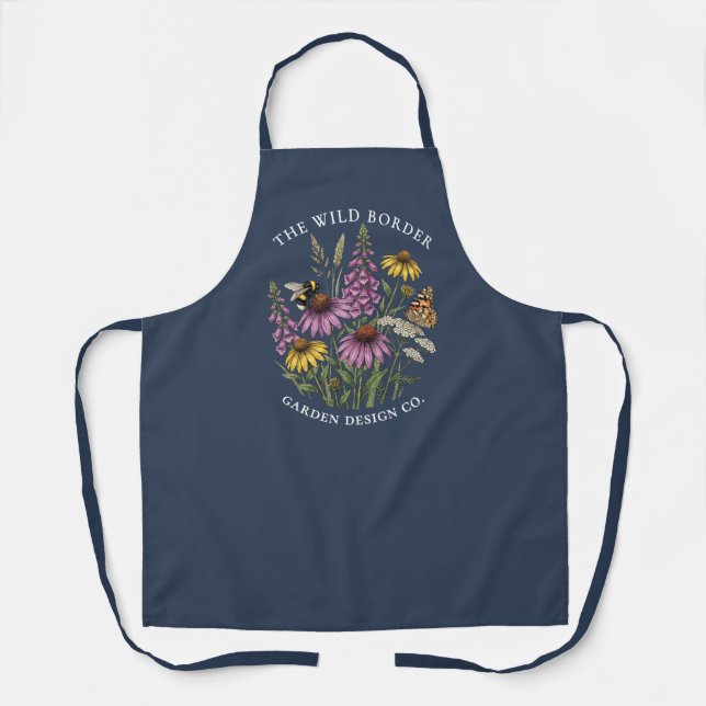 Botanical Bee & Butterfly Navy Apron (Front)