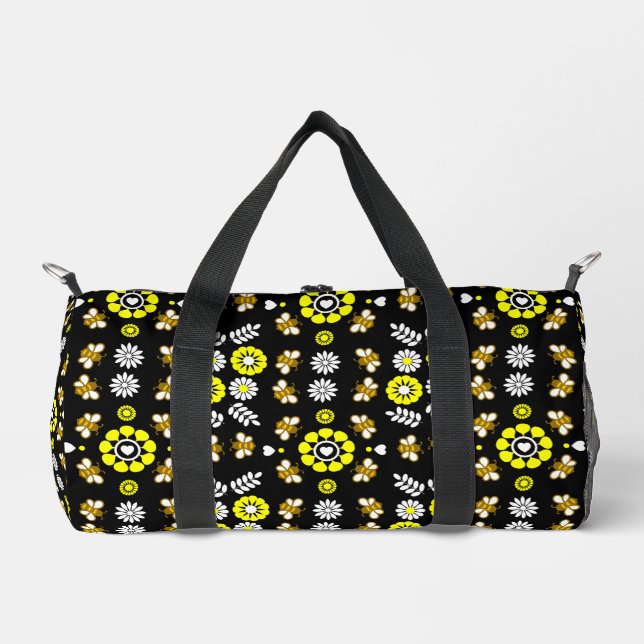 Botanical Bee Flower Pattern Duffle Bag (Front)