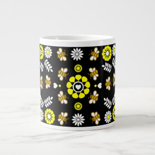 Botanical Bee Flower Pattern Large Coffee Mug