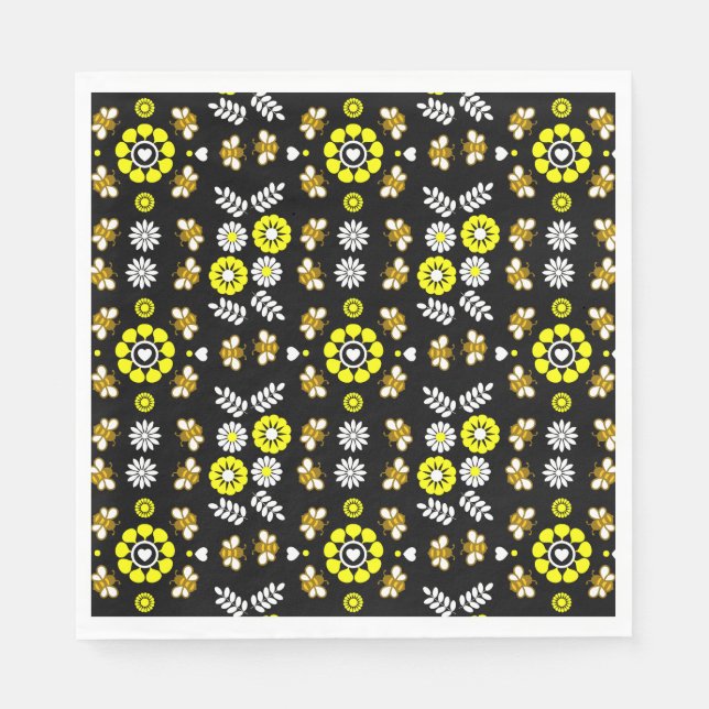 Botanical Bee Flower Pattern Napkin (Front)