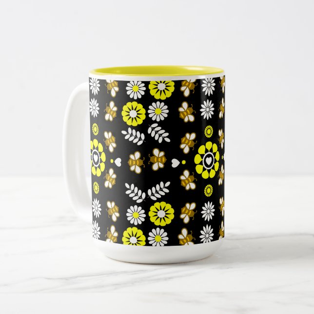 Botanical Bee Flower Pattern Two-Tone Coffee Mug (Front Left)