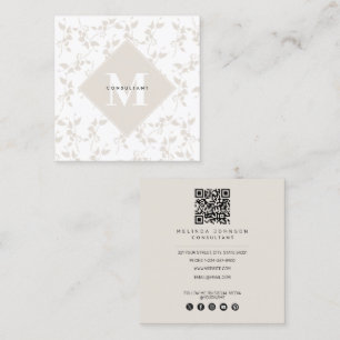 Botanical Beige Decorative Leaf Modern QR Code Square Business Card