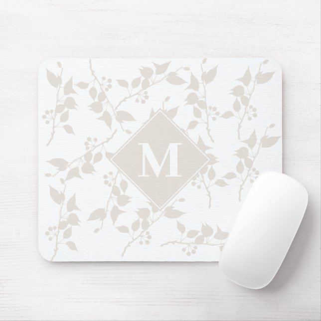 Botanical Beige Decorative Leaf Monogrammed  Mouse Pad (With Mouse)