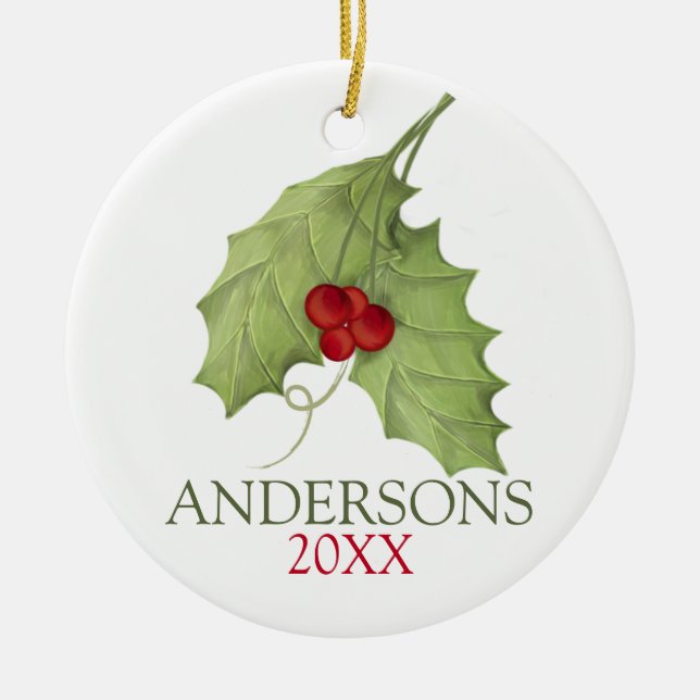 Botanical Berries Rustic Holiday Greenery Family Ceramic Ornament (Front)