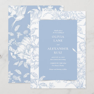 Botanical Bird French Blue Floral Wedding Invitation