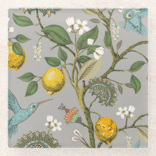 Botanical Birds Flowers: Drawn Vintage Wallpaper Glass Coaster