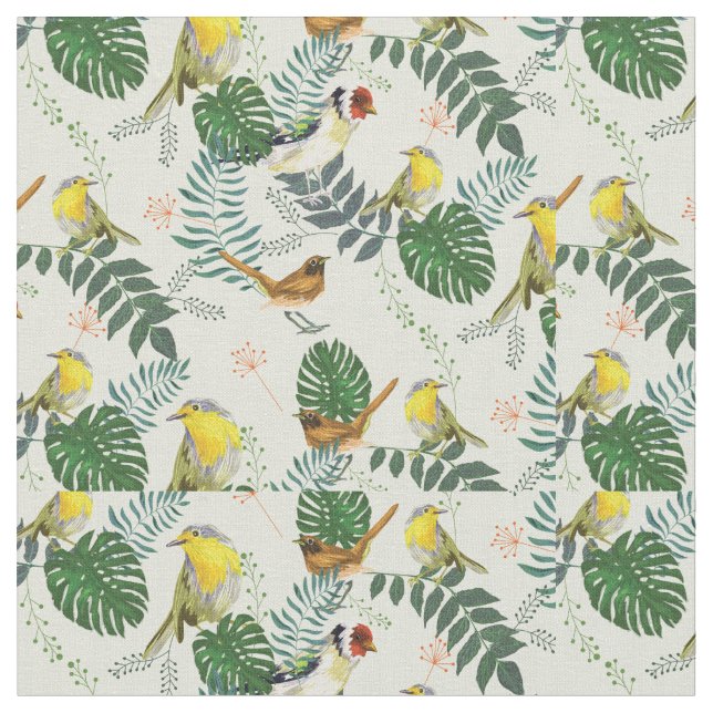 Botanical Birds Green and Yellow Foliage Pattern  Fabric (Close Up)