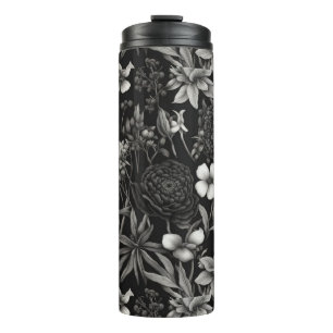 Botanical black and white flowers thermal tumbler