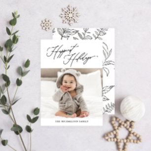 Botanical Black and White Happiest Holidays Photo Holiday Card