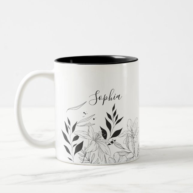 Botanical black and white name Two-Tone coffee mug (Left)