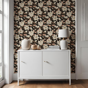 Botanical Black Beige Lily Floral Pattern Wallpaper