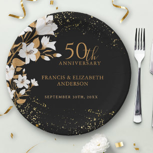 Botanical Black Gold  50th Wedding Anniversary Paper Plate