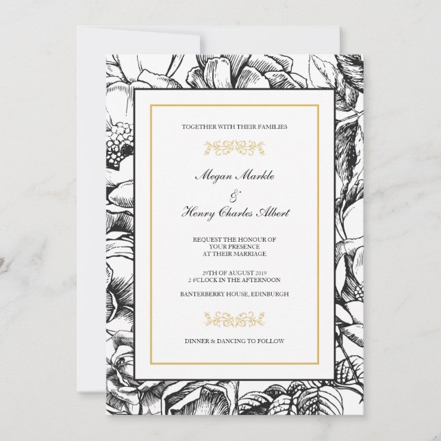 Botanical Black & Gold Floral Wedding Invitation (Front)