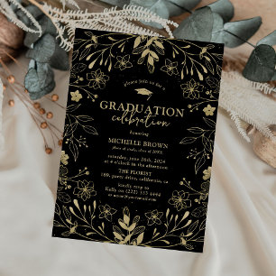 Botanical Black & Gold Graduation Party Invitation
