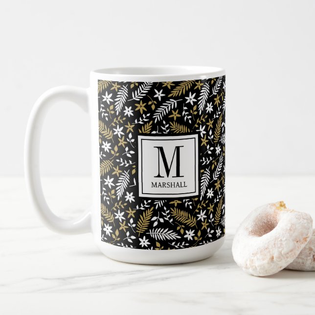 Botanical Black Gold Monogram Name Holiday Coffee Mug (With Donut)