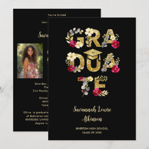 Botanical Black Gold Pink Floral 2 Photo Senior Invitation