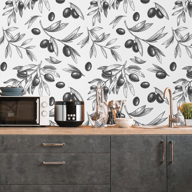 Botanical Black Olive Branch Pattern Kitchen Wallpaper (Botanical Black Olive Branch Pattern Kitchen Wallpaper
)