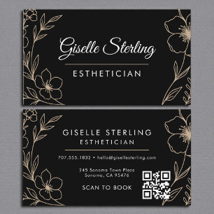 Botanical Black QR Code Aesthetician Floral Business Card