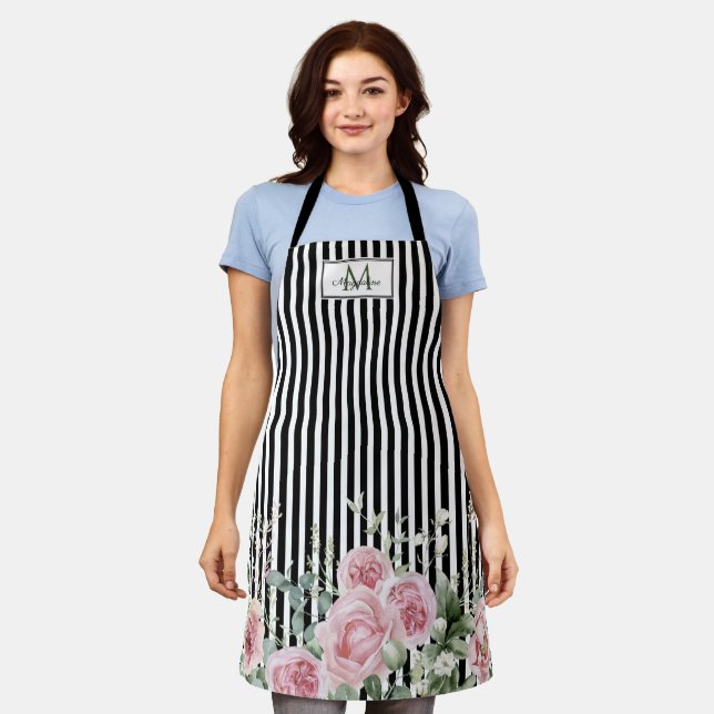 Botanical Black Stripe Script Name Monogram Apron (Worn)