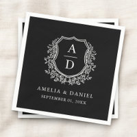 Botanical Black White Crest Wedding Monogram