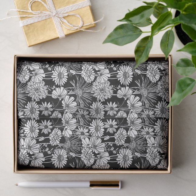Botanical Black White Daisies Floral Art Pattern Tissue Paper (Gift)