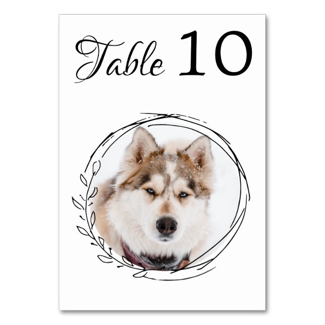 Botanical Black White Dog Wedding Modern Pet Photo Table Number (Front)
