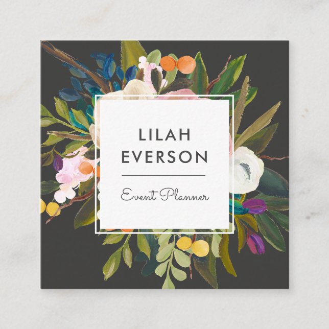 Botanical Bliss | Elegant Painted Floral | Black Square Business Card (Front)