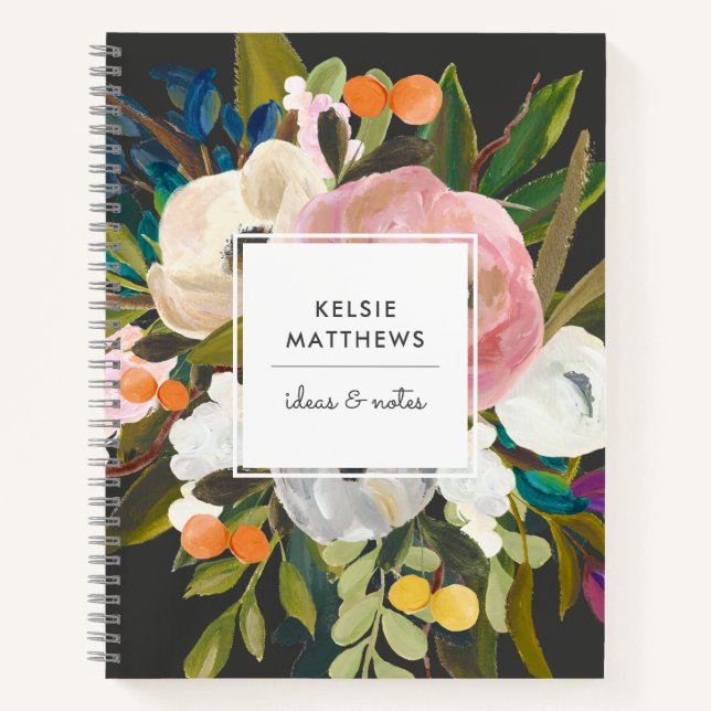 Botanical Bliss Pretty Painted Floral | Black Notebook (Front)