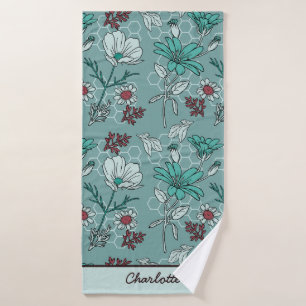 Botanical bloom floral pattern personalised name  bath towel