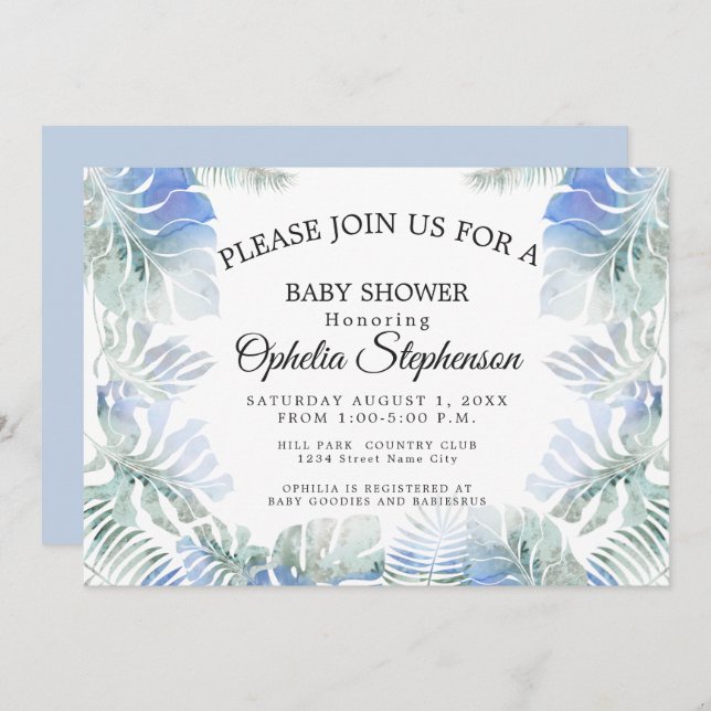 Botanical Blue and Green Leaves Watercolor Shower Invitation (Front/Back)